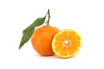 Fresh Tangerine With Leaf and Cross-Section Against White Background