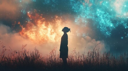 Silhouette of a woman looking at a glowing sky with a mixture of fire and light. A concept of hope, faith, and wonder.