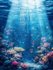 Fototapeta premium Underwater Coral Reef Habitat with Sun Rays and Tropical Fish Swimming