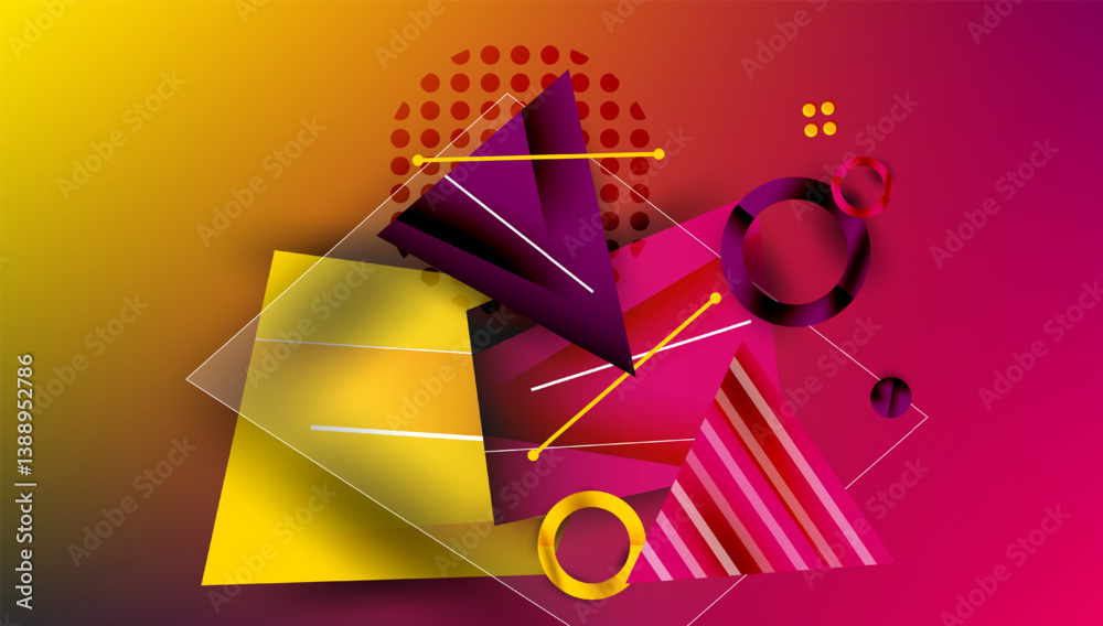 Poster Abstract geometric composition. Vibrant colors blend, creating dynamic shapes. Lines intersect, forming complex patterns. Modern design, bold aesthetic.