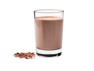 A glass of chocolate milk with chocolate shavings on a in a studio shot on transparent background