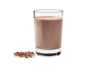A glass of chocolate milk with chocolate shavings on a in a studio shot on transparent background