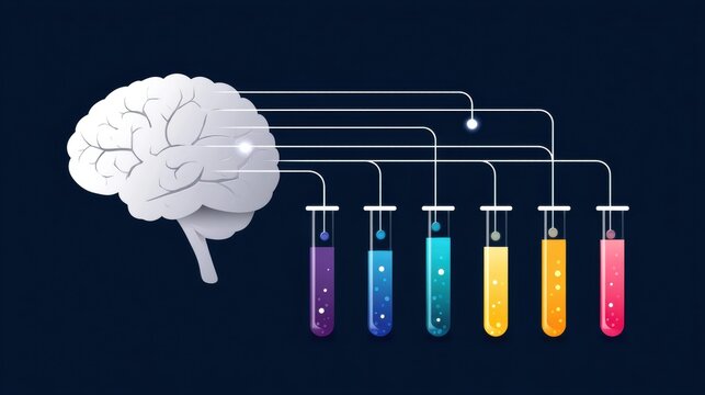 Brain with test tubes representing chemical reactions.