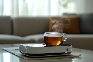 Smart tea warmer gently steams cup, enhancing comfort in modern
