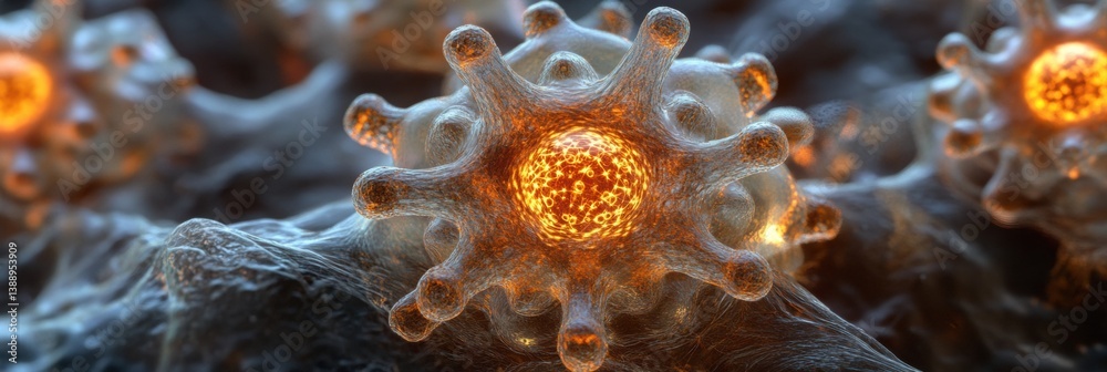 Poster Close-up view of adeno-associated virus capsid structures illuminated in cellular fluid with intricate nanostructures and immersive lighting effects