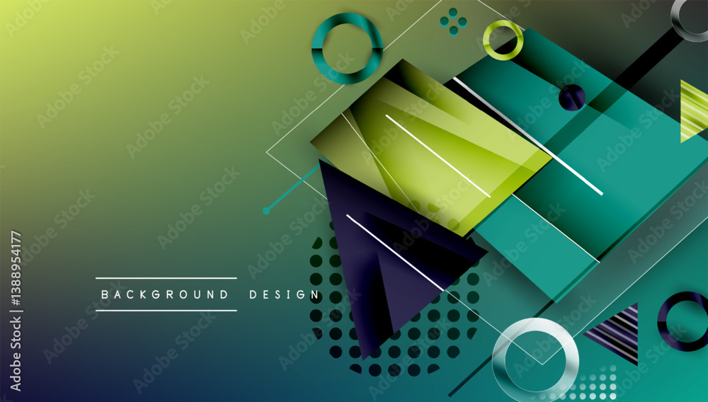 Poster Abstract geometric composition. Green, blue gradients. Overlapping shapes, lines create dynamic visual effect. Modern design elements.