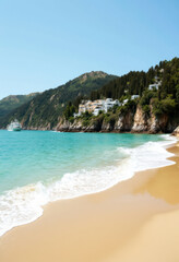 Fototapeta premium azure coast with beach and clean sand, hotel visible on the cliff in the background