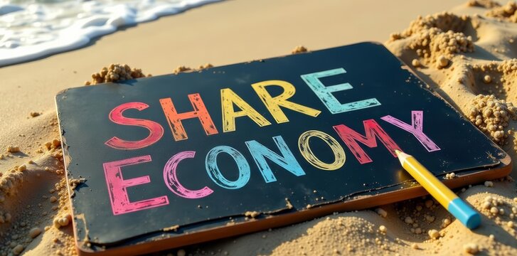 Colorful chalkboard with sharing economy concept drawn on sandy beach, sand, collaboration