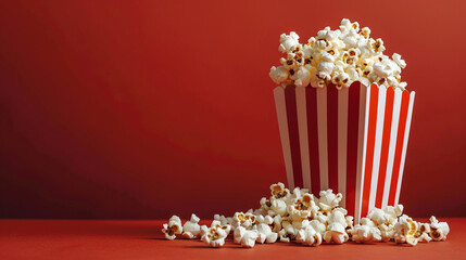 Movie nights or theater snacks. Top-down view of popcorn in a box placed on a vibrant red studio background, Perfect for food, entertainment, or promotional themes. Copy paste empty place for text