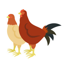 雌雄のシャモ。フラットなベクターイラスト。
Pair of gamecocks. Flat vector illustration.