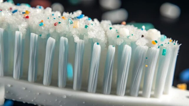 Microplastic pollution concept. A close-up of a toothbrush bristles coated with colorful granules, resembling tiny pieces of plastic and other particles.