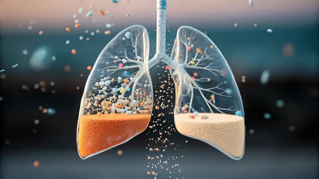 Microplastic pollution concept. A surreal depiction of human lungs, intricately detailed, with colorful particles seemingly escaping from within them, symbolizing breath and pollution.