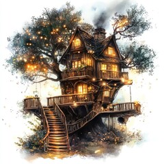 Obraz premium A whimsical watercolor illustration depicts a treehouse with warm inviting lights