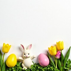 Fototapeta premium Colorful Easter eggs, bunny figurine, and spring flowers on white background, decoration, Easter