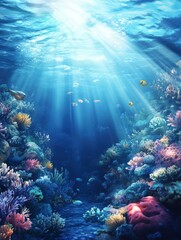 Fototapeta premium Exploring Colorful Coral Reef with Sun Rays Underwater and Small Fishes