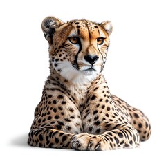 Cheetah's Regal Gaze: A majestic cheetah rests gracefully, its distinctive spotted coat and captivating amber eyes conveying a sense of power and elegance in its natural habitat.