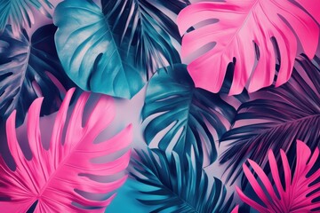 Vibrant tropical background featuring bold palm leaves in neon pink, blue, and green for a modern jungle aesthetic