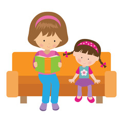 Obraz premium Mother reads a book aloud to her daughter vector cartoon illustration