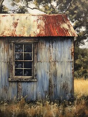 Weathered Tin Shack: A Realistic Depiction of Rustic Abandonment and Rural Charm