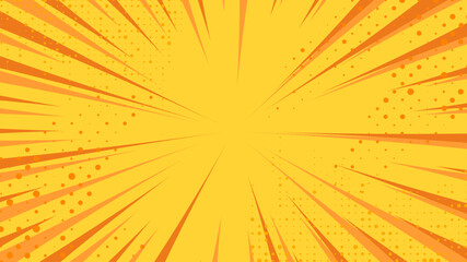 Comic pop art background. Vintage retro design. Yellow radial backdrop with halftone elements and bubble.