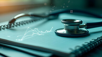 Close-up of stethoscope on medical report and spiral notebook with digital health data overlay, ideal for illustrating healthcare, diagnostics, medical research, education, and telemedicine concepts