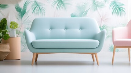 A pale blue loveseat, featuring button tufting and light wood legs, sits against a tropical leaf patterned wall. A pink armchair is partially visible to the right. The image is well-lit, showcasing a