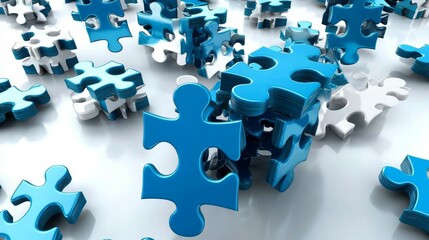 A Captivating High-Angle Close-Up of Stacked and Scattered Blue and White Puzzle Pieces on a Glossy Surface, Emphasizing Teamwork, Problem-Solving and the Beauty of Order Amidst