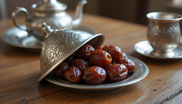 Ornate Silver Dish of Dates with Traditional Tea Set - Powered by Adobe