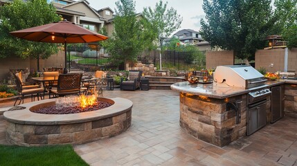 Inviting backyard retreat featuring a fire pit and outdoor kitchen island