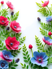 Fototapeta premium Flower frame, flower background. Mother's Day, Wedding, feminine, isolated flowers. flower decoration, deco, Rose, Lily, Daisy, leaves, lavender, Abutilon, white background, postcard, mock up