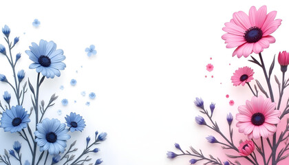 Flower frame, flower background. Mother's Day, Wedding, feminine, isolated flowers. flower decoration, deco, Rose, Lily, Daisy, leaves, lavender, Abutilon, white background, postcard, mock up