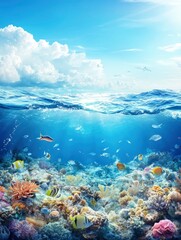 Obraz premium Underwater Coral Reef Scene with Tropical Fish and Sunlight Reflection