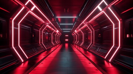 Futuristic corridor illuminated with red and white neon lights creating a sci fi atmosphere