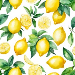 Watercolor Yellow Lemon with Leaf Seamless Pattern on White Background