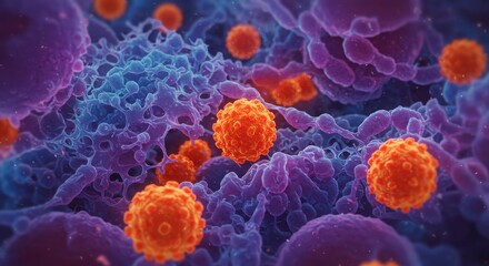 Futuristic 3D rendering of microscopic cellular environment with vibrant colors and surreal medical detail