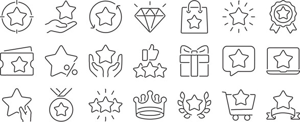Bonus, benefit, offer, star, achievements and reward editable stroke outline icons set isolated on white background flat vector illustration. Pixel perfect ideal for web, apps, and UX and UI design