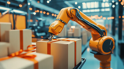 A robotic arm in a state of the art packaging facility for luxury goods, surrounded by boxes, wrapping stations