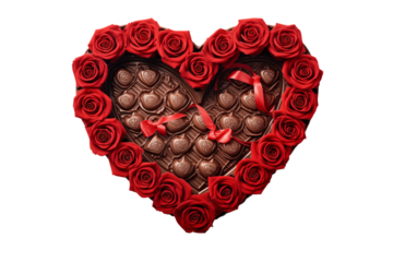 Heart shaped chocolate box surrounded by red roses with red ribbons on a on transparent background