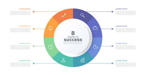 8 Part Pie Chart Infographic Template With Thin Icons And Text