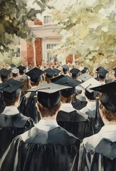 Obraz premium A watercolor painting depicts graduates at a commencement ceremony