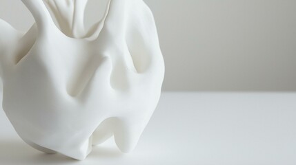 Close-up of a white sculpture on a white surface. the sculpture appears to be made of a smooth, glossy material and has a unique, abstract design.
