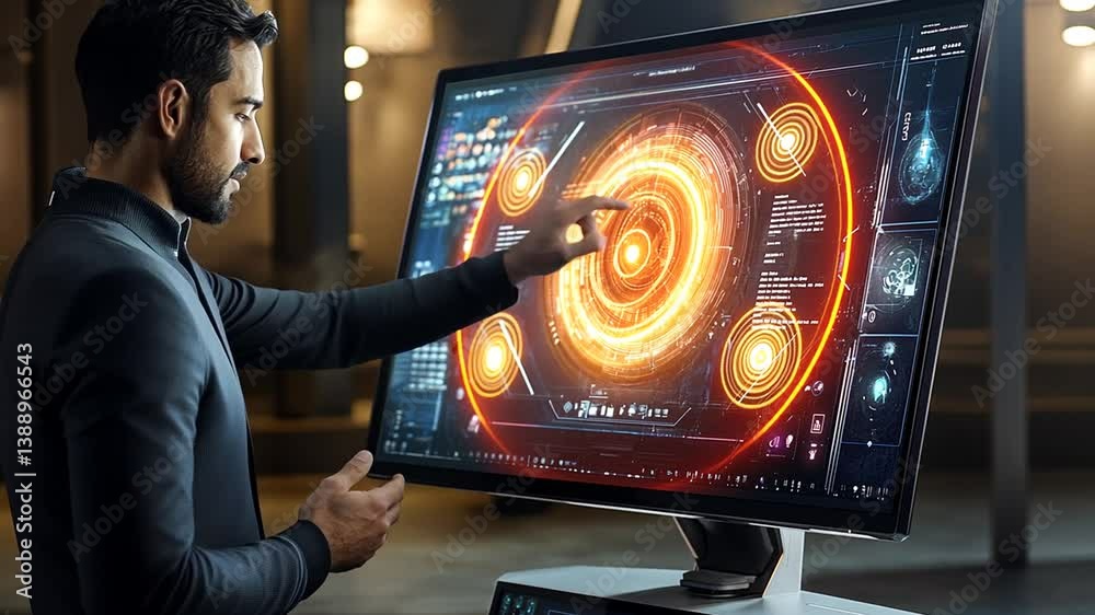 Poster engineer interacting with futuristic holographic interface on a large touchscreen display