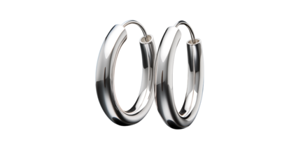 A close up view of two silver hoop earrings on a with a simple design style on transparent background