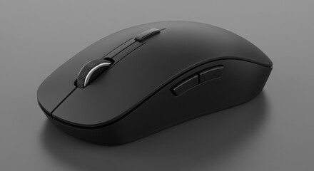 High-resolution close-up of a wireless computer mouse with a matte black finish highlighting its ergonomic design and sleek technology through studio lighting
