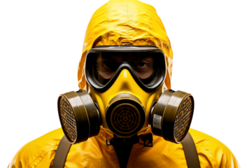 A person wearing a yellow hazmat suit and a gas mask against a black colored background close up shot on transparent background