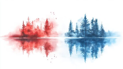 Vibrant red and blue watercolor splash on a white background, inspired by Round Lake, Ontario, capturing a creative expression of color blending.