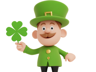 Cheerful leprechaun joyfully presents lucky clover vibrant green tones. AI Generated