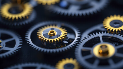Intricate gears with golden accents create mesmerizing mechanical display