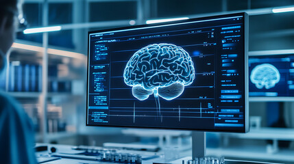 A cutting edge AI driven brain computer interface lab, researchers testing neural implants for direct human-machine interaction, Neurotech style