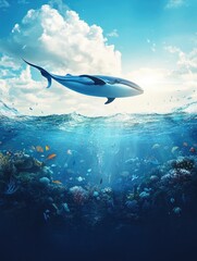 Obraz premium Whale Leaping Above Ocean with Underwater Coral Reef View